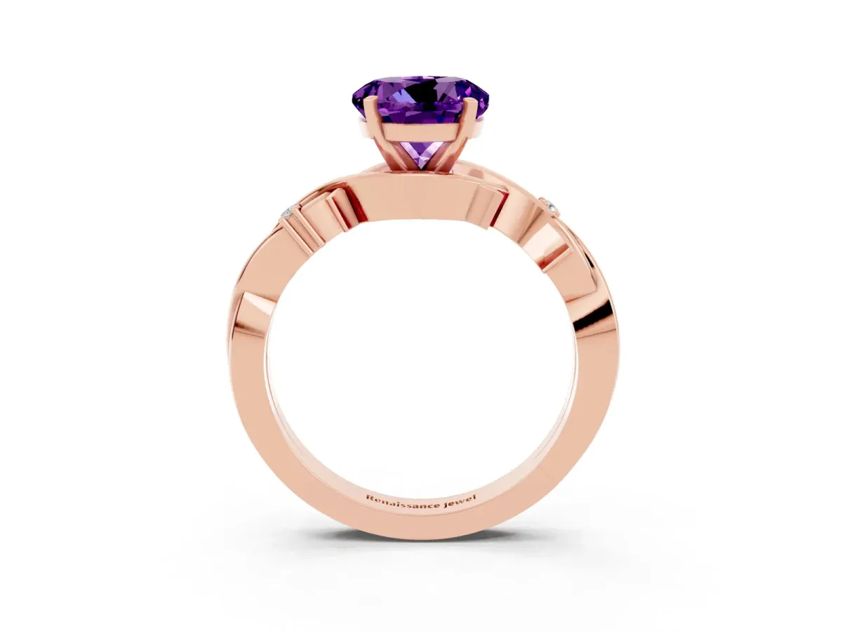 Round Cut Amethyst Solitaire Ring with Twisted Band and Prong Setting Rose gold