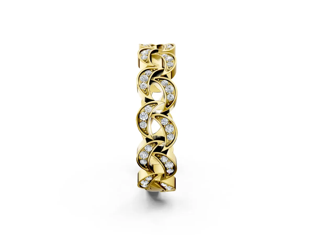 Pavé Round Diamond Interlocking Eternity Band with Bezel Prong Setting Yellow gold