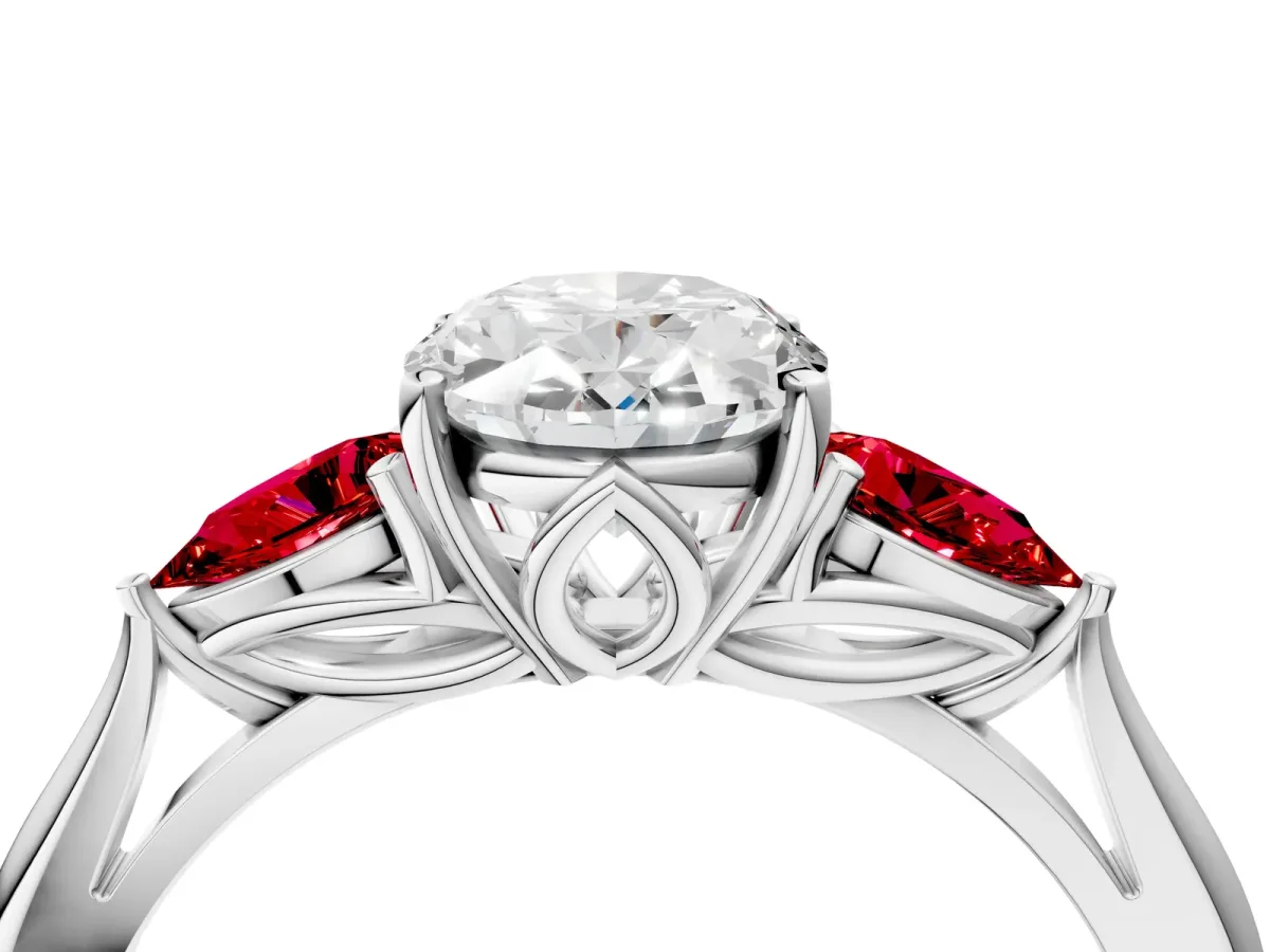 Oval Cut Diamond Three-Stone Ring with Pear Ruby Side Stones and Prong Setting White gold