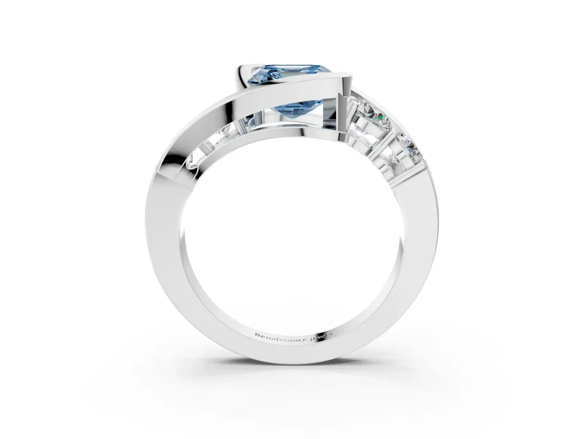 Fancy Blue Bezel Set Asscher Cut Diamond Bypass Ring with Round Accents Platinum