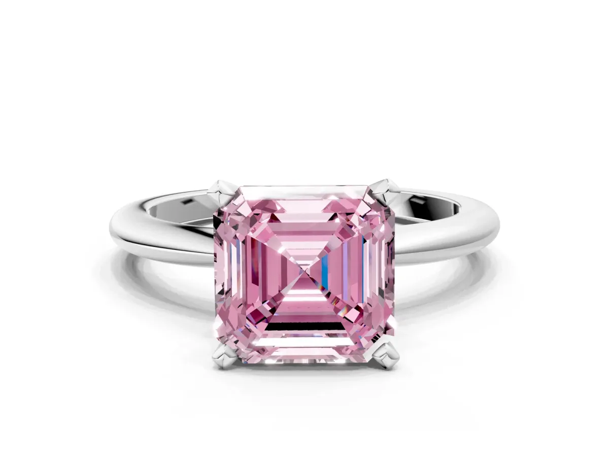 Fancy Pink Asscher Cut Diamond Solitaire Ring with Six-Prong Setting and Classic Band Silver