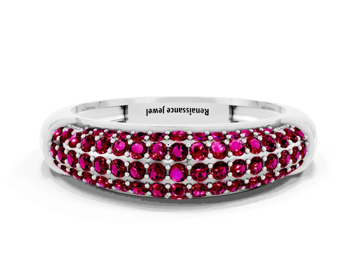Three-Row Pavé Round Garnet Dome Band Platinum