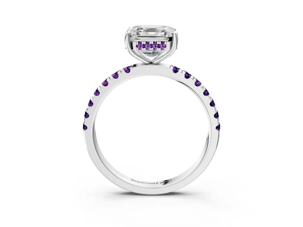Asscher Cut Diamond Pave Band Solitaire Ring with Round Amethyst and Prong Setting Platinum