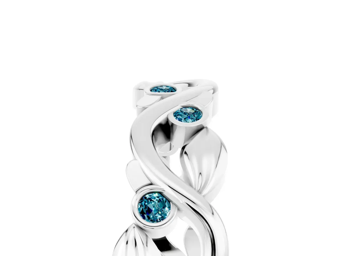 Round Blue Topaz Leaf Eternity Band with Bezel Setting White gold