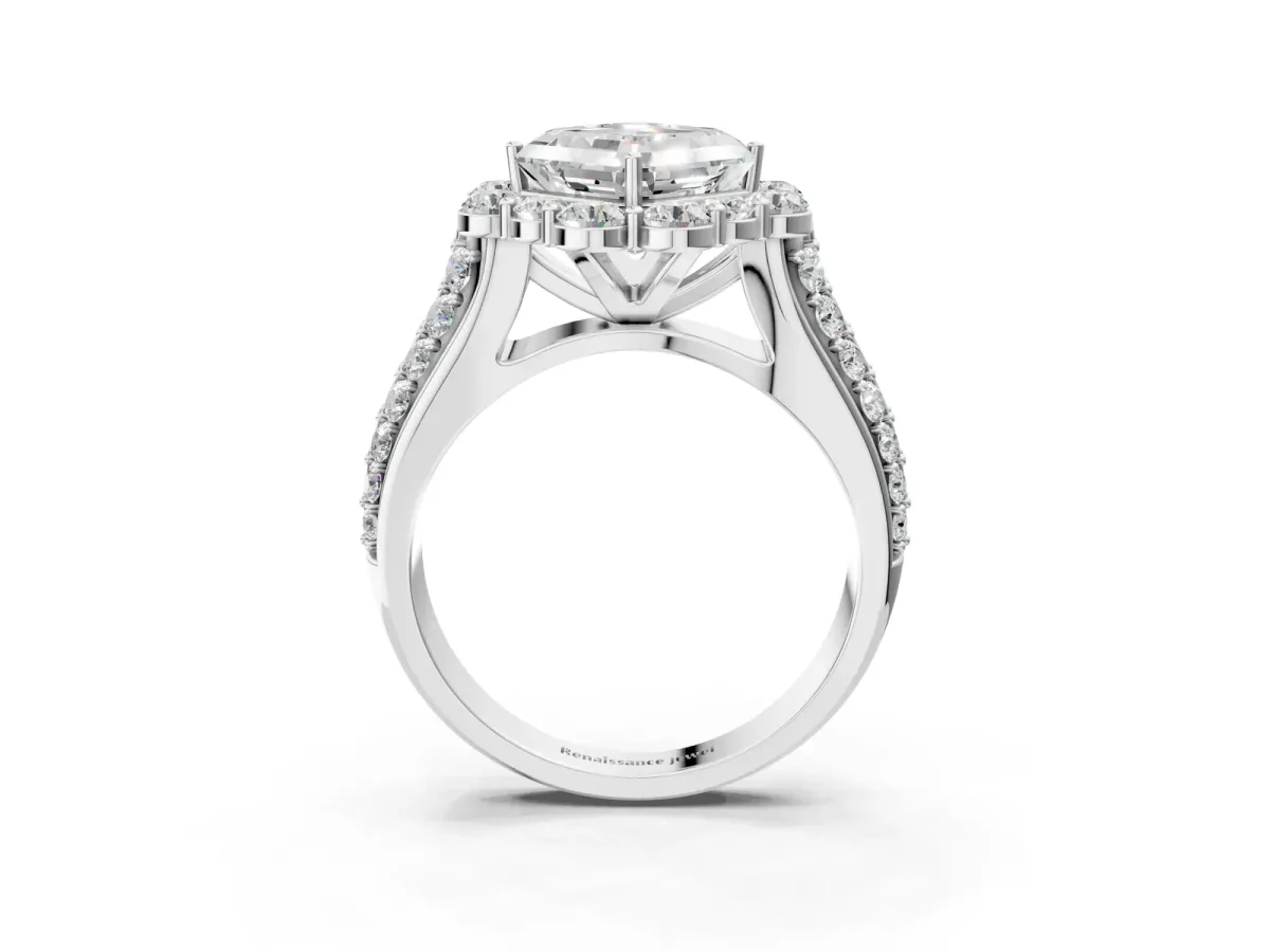 Asscher Cut Halo Diamond Engagement Ring with Split Shank and Prong Setting Platinum