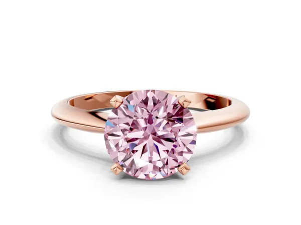 Fancy Pink Round Cut Diamond Solitaire Engagement Ring with Classic Band and Four-Prong Setting Rose gold