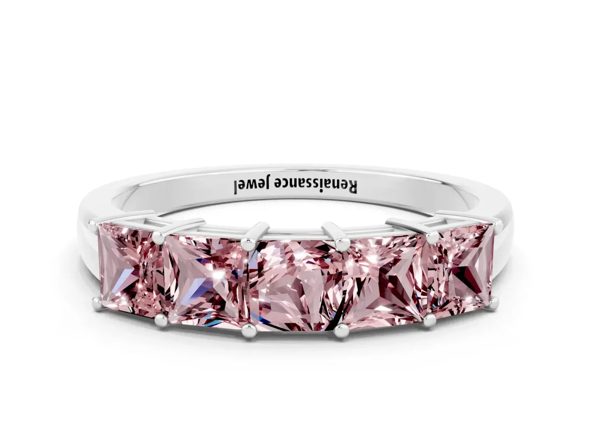 Princess Cut Five-Stone Morganite Band with Prong Setting Platinum