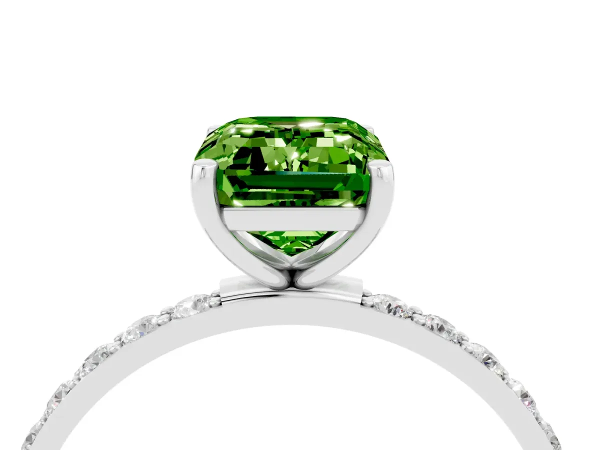Emerald Cut Peridot Solitaire Ring with Round Pavé Band and Prong Setting Platinum