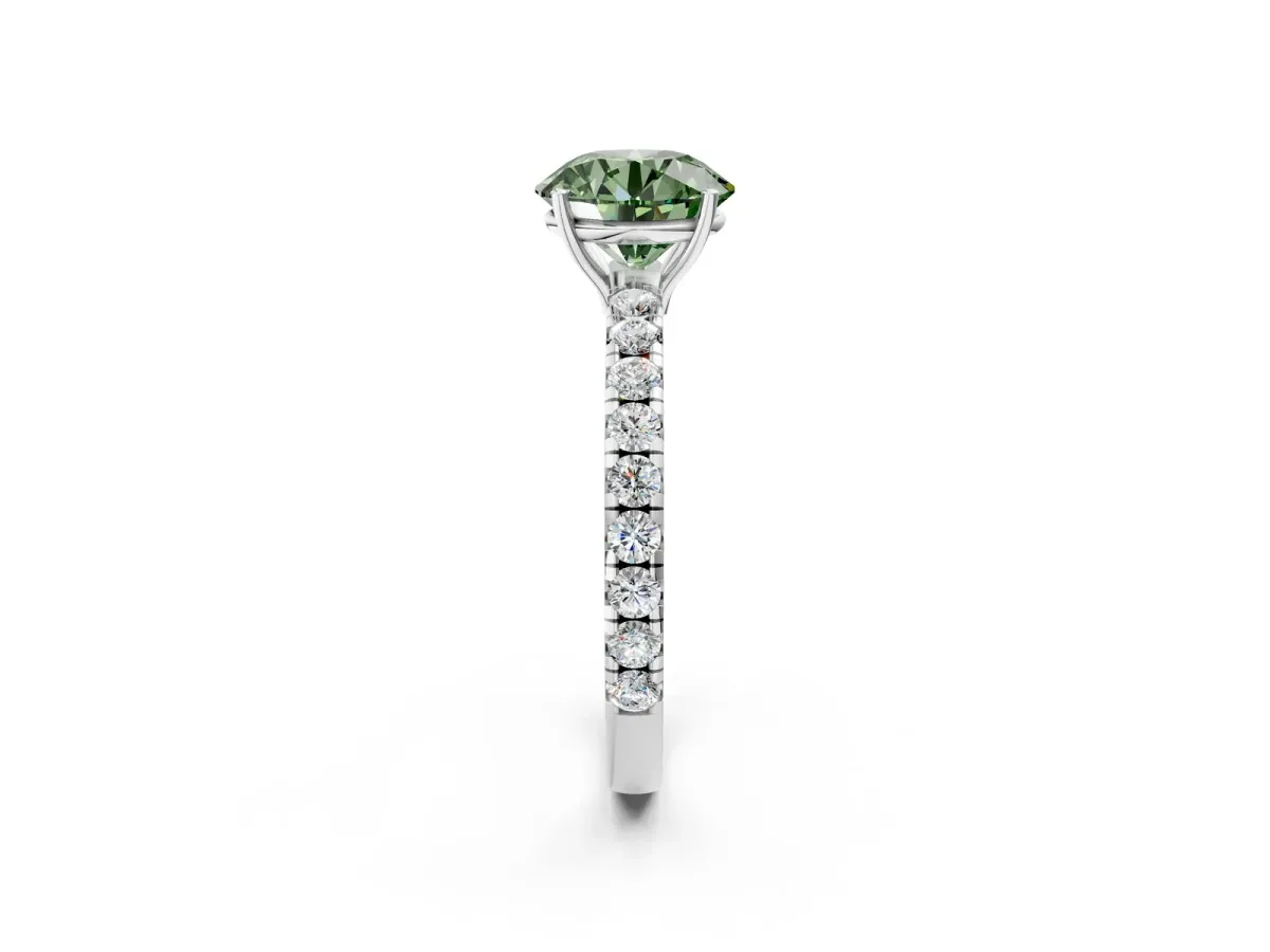 Fancy Green Round Cut Diamond Pavé Solitaire Engagement Ring with Four-Prong Setting Silver