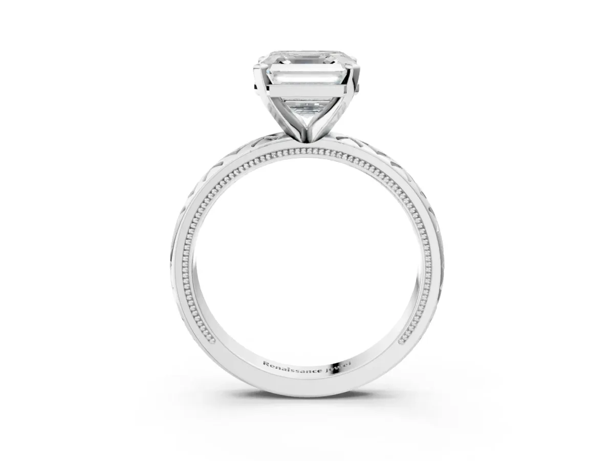 Asscher Cut Solitaire Diamond Ring with Milgrain and Black Enamel X Pattern Band Platinum