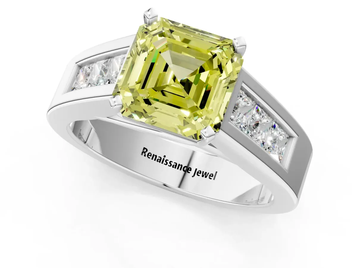 Fancy Yellow Asscher Cut Cut Channel Set Solitaire Ring with Four-Prong Setting Platinum