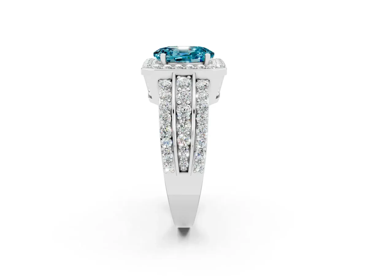 Oval Cut Halo Blue Topaz Ring with Round Split Shank and Prong Setting Platinum