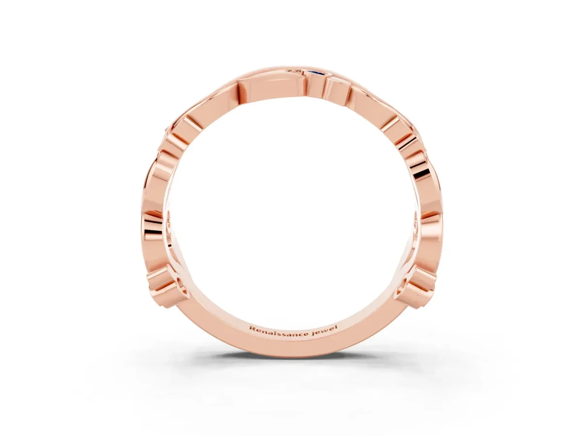 Round Blue Sapphire Leaf Eternity Band with Bezel Setting Rose gold