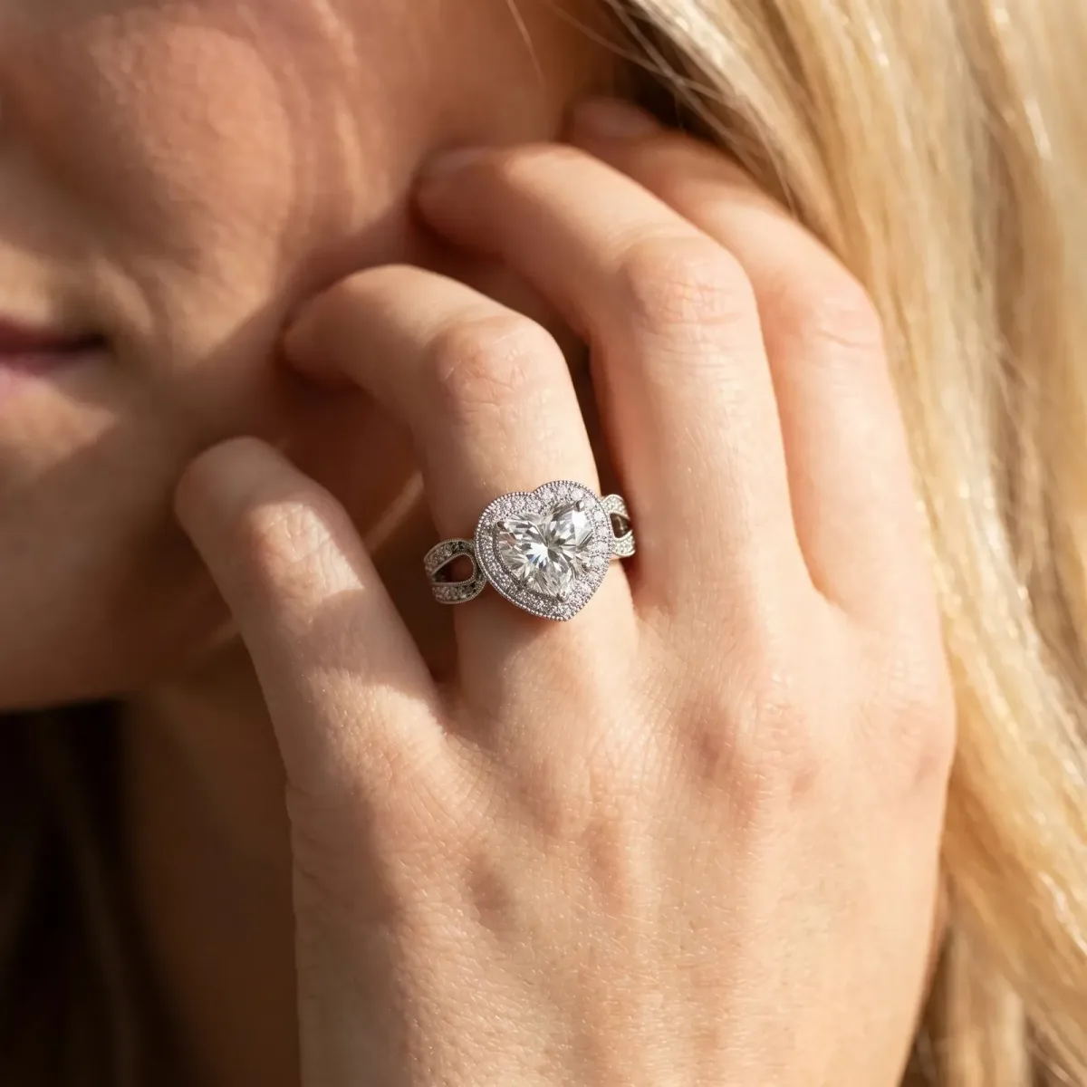 Heart Cut Halo Split Shank Milgrain Diamond Ring Platinum