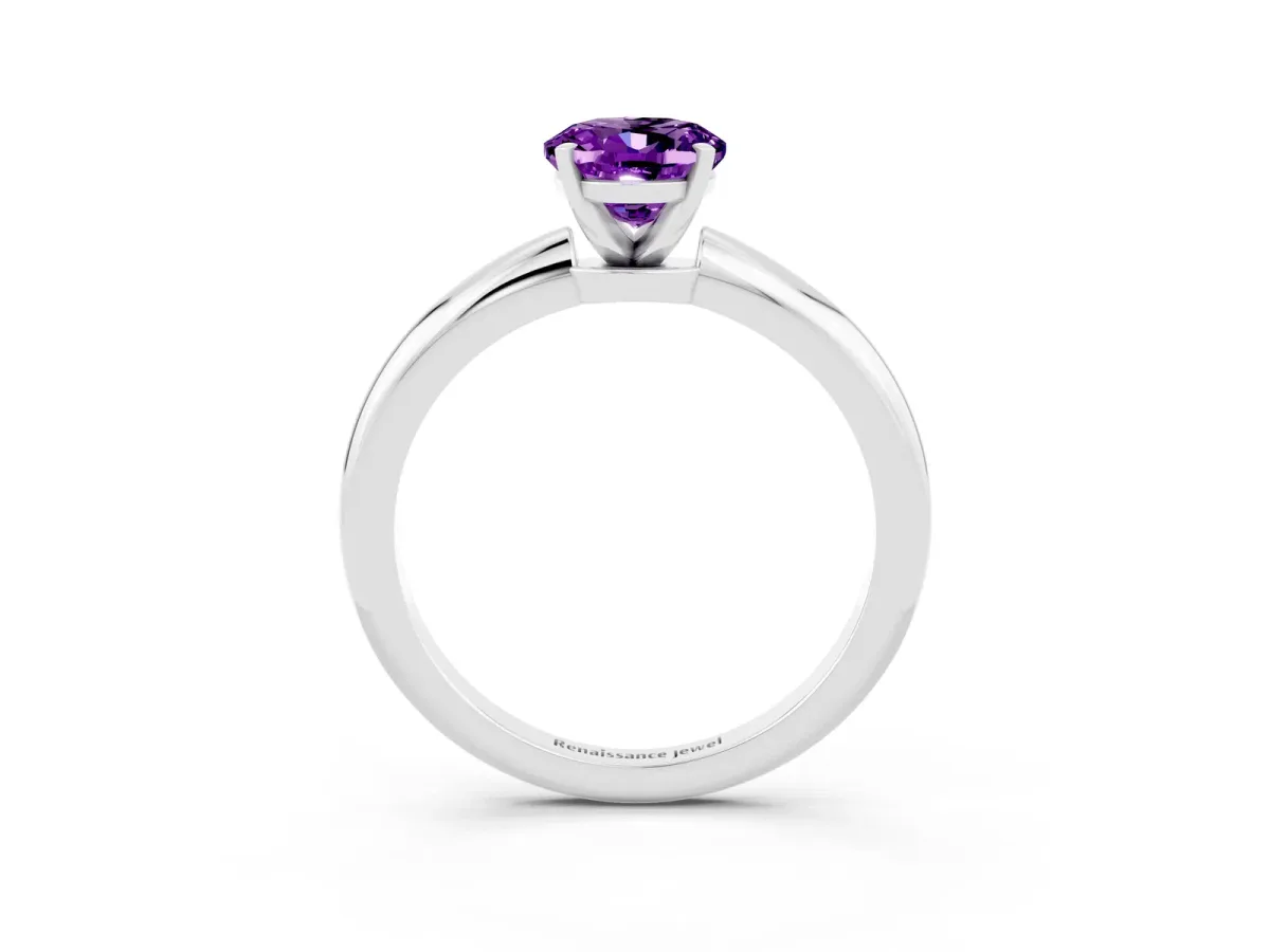 Oval Cut Amethyst Solitaire Ring with Six-Prong Setting and Classic Band Silver