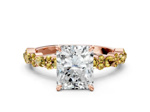 Radiant Cut Diamond Side Stone Solitaire Ring with Round Yellow Sapphire and Four-Prong Setting Rose gold