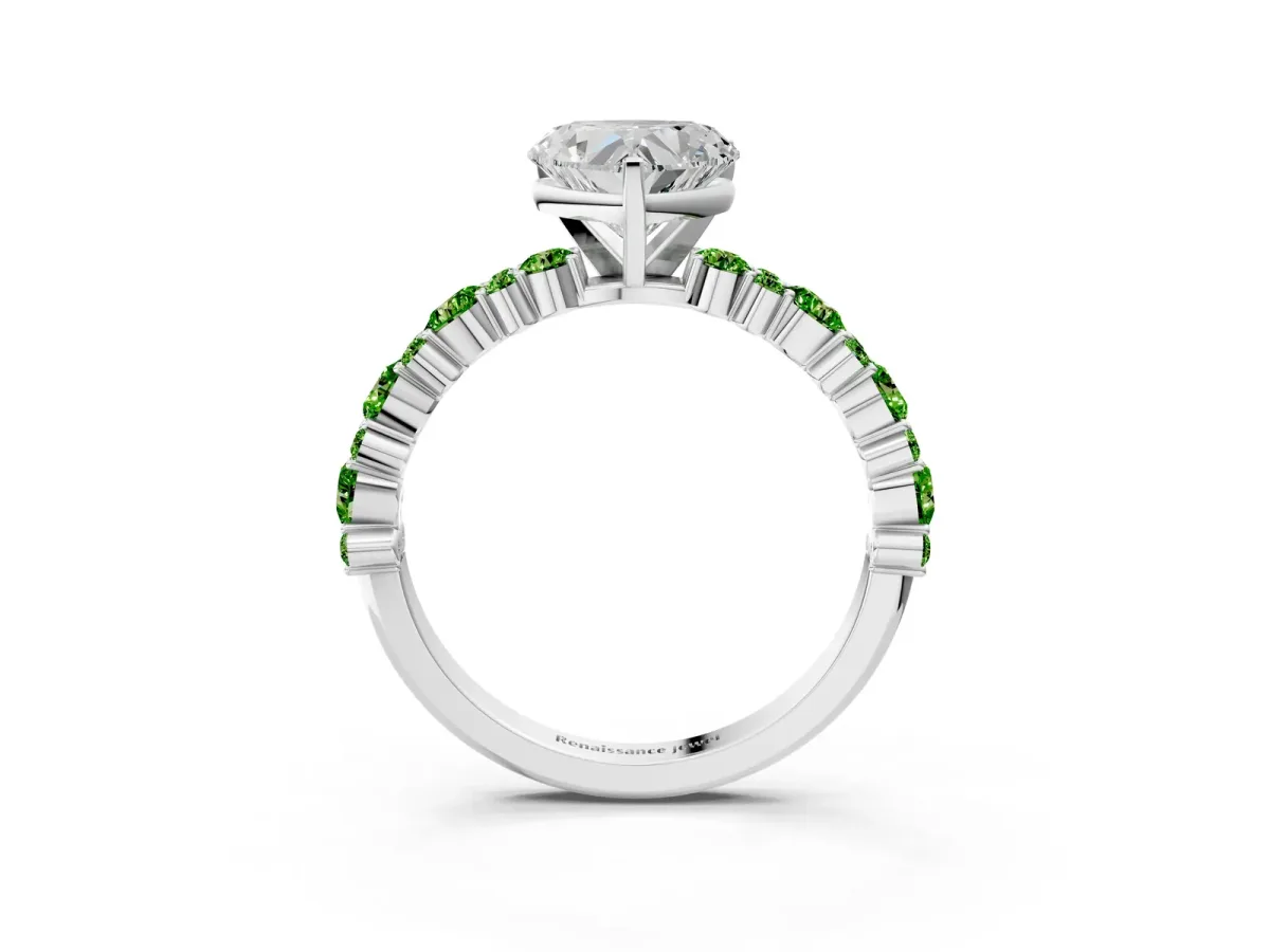 Heart Cut Diamond Side Stone Solitaire Ring with Round Peridot and Four-Prong Setting Platinum
