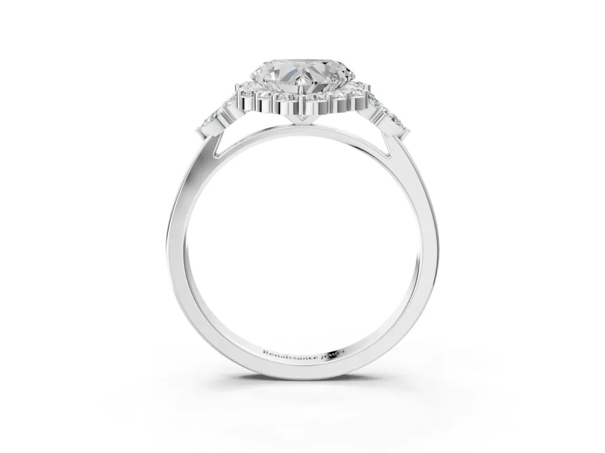 Heart Cut Diamond Halo Ring with Pear Side Stones and Prong Setting Silver