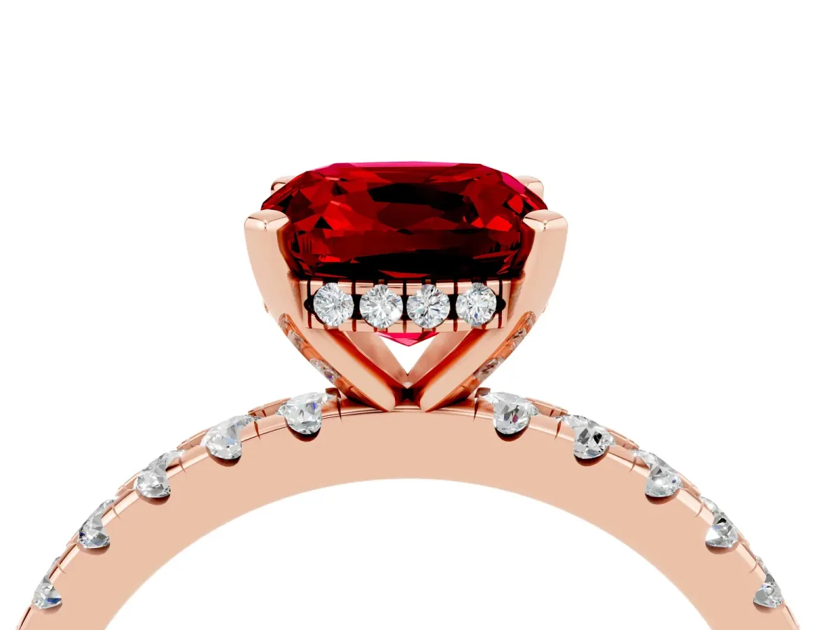 Cushion Cut Ruby Solitaire Ring with Round Pavé Band and Four-Prong Setting Rose gold