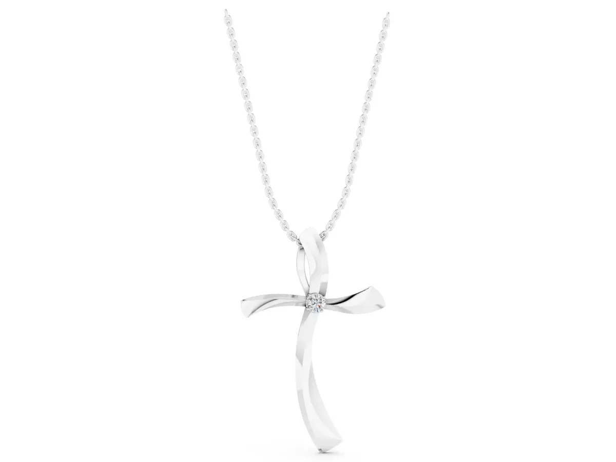 Curved Cross Pendant with Round Diamond in Bezel Setting White gold