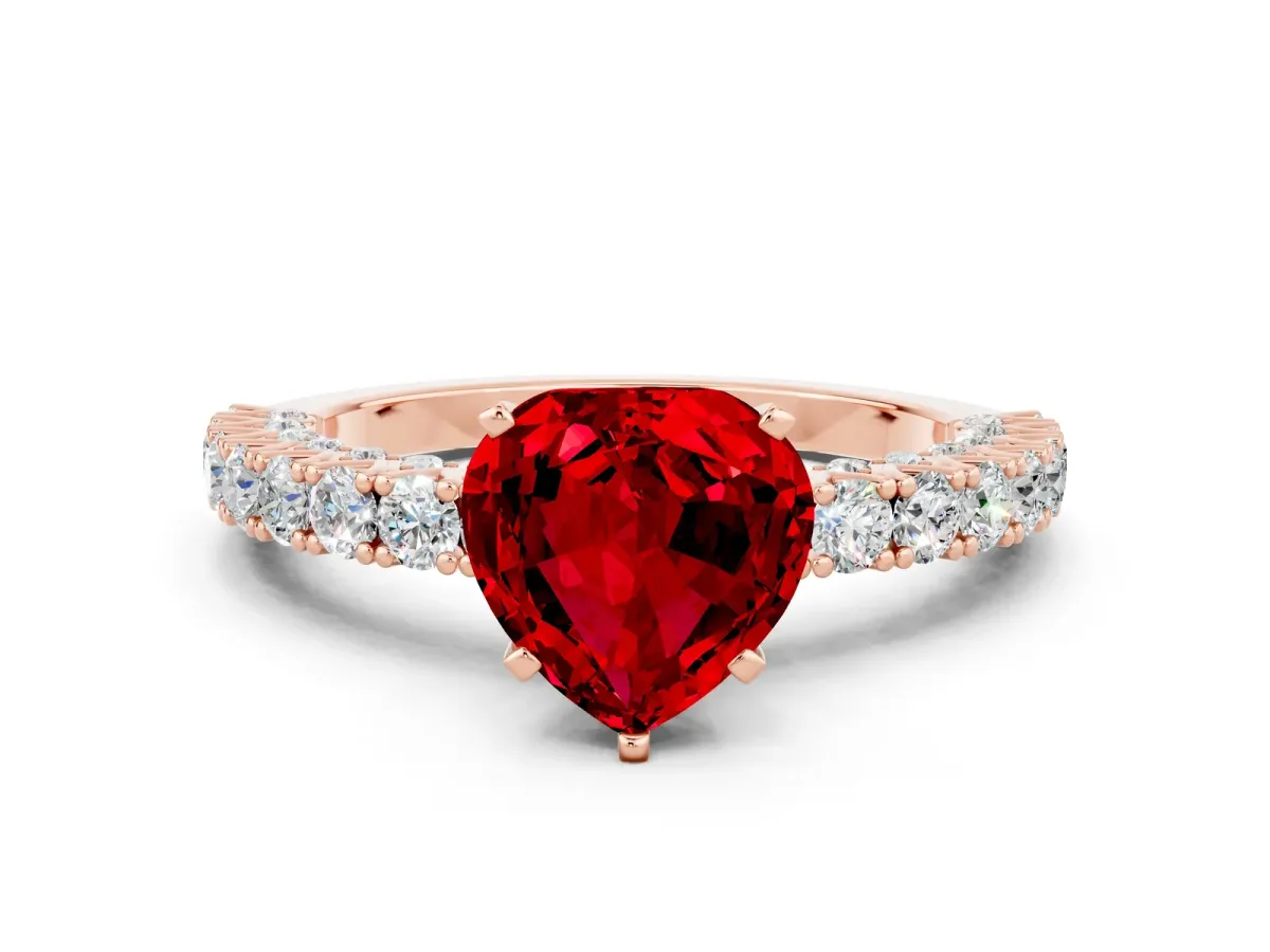 Heart Cut Ruby Solitaire Ring with Round Accent Pavé Band and Prong Setting Rose gold