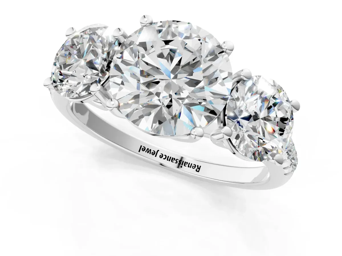 Three-Stone Round Cut Diamond Ring with Round Moissanite Pavé Band and Prong Setting Silver