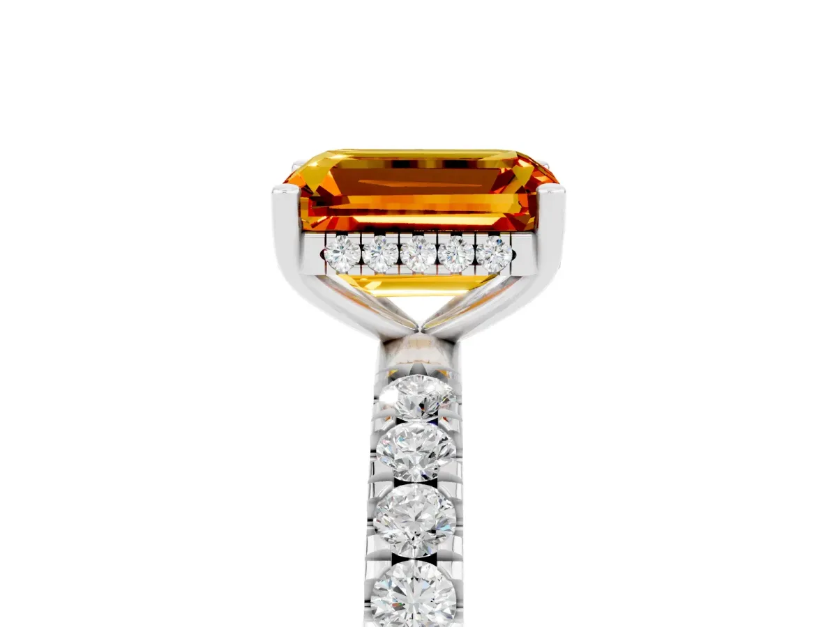 Emerald Cut Citrine Pave Band Solitaire Ring with Round and Prong Setting Platinum
