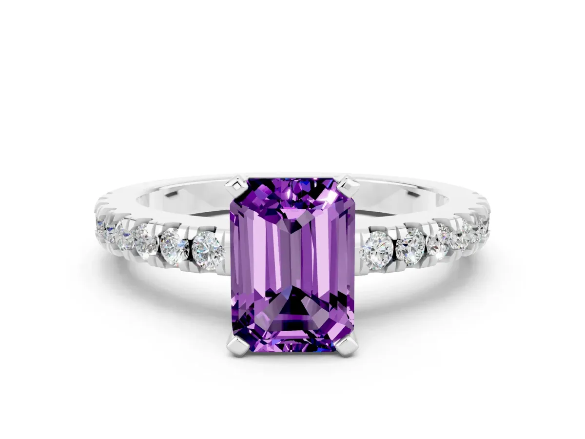 Emerald Cut Solitaire Amethyst with Pavé Band and Four-Prong Setting Platinum