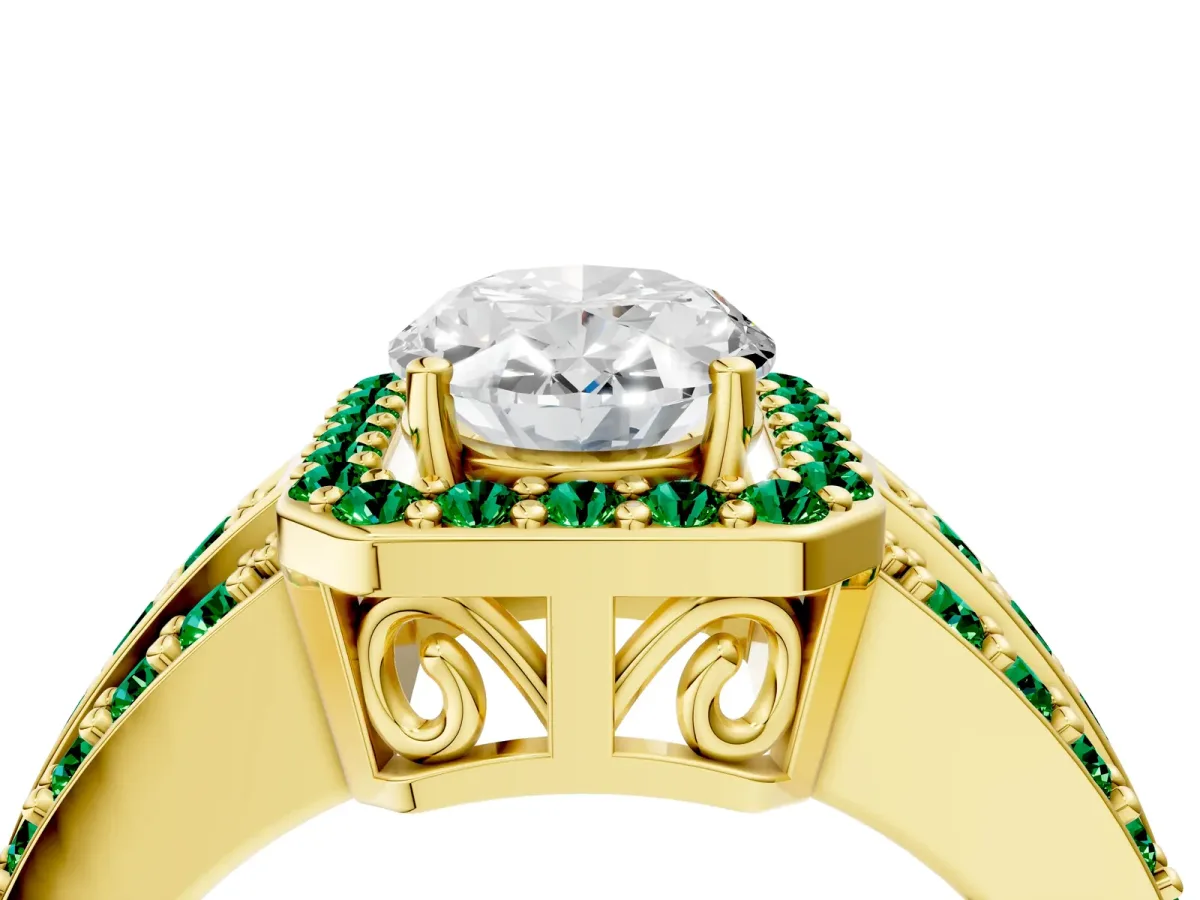 Oval Cut Halo Diamond Ring with Round Emerald Split Shank and Prong Setting Yellow gold