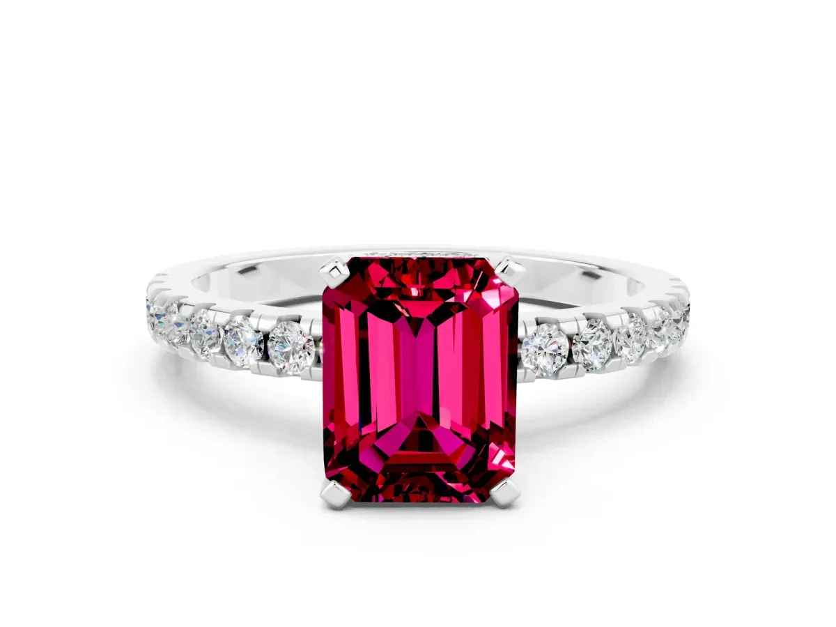 Emerald Cut Garnet Solitaire Ring with Round Pavé Band and Four-Prong Setting Silver