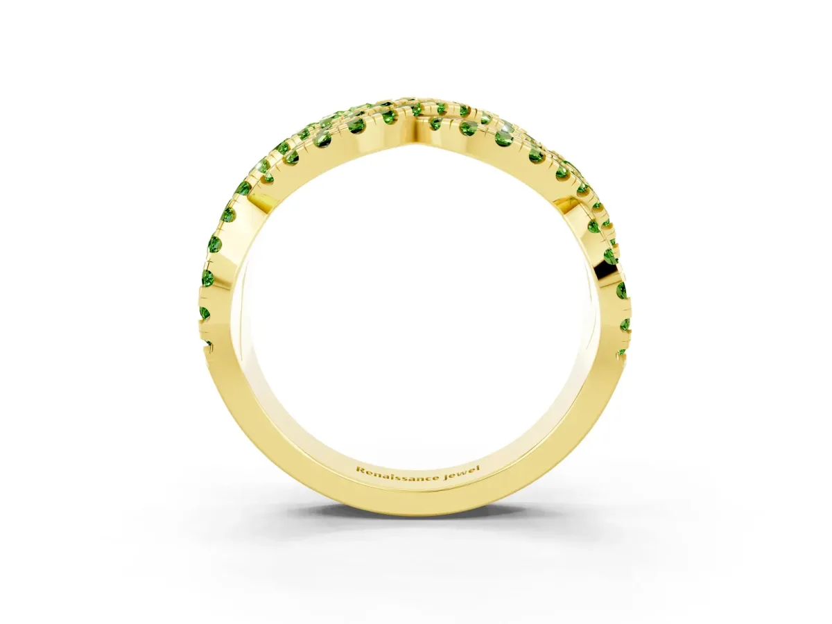 Pavé Round Peridot Infinity Twist Band with Shared Prong Setting Yellow gold