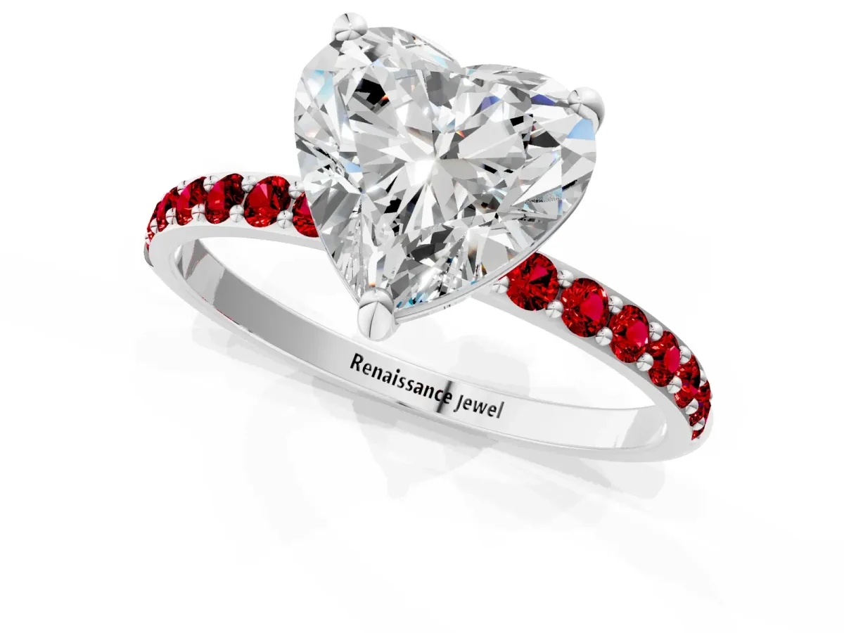 Heart Cut Diamond Solitaire Ring with Round Ruby Pavé Band and Prong Setting Silver