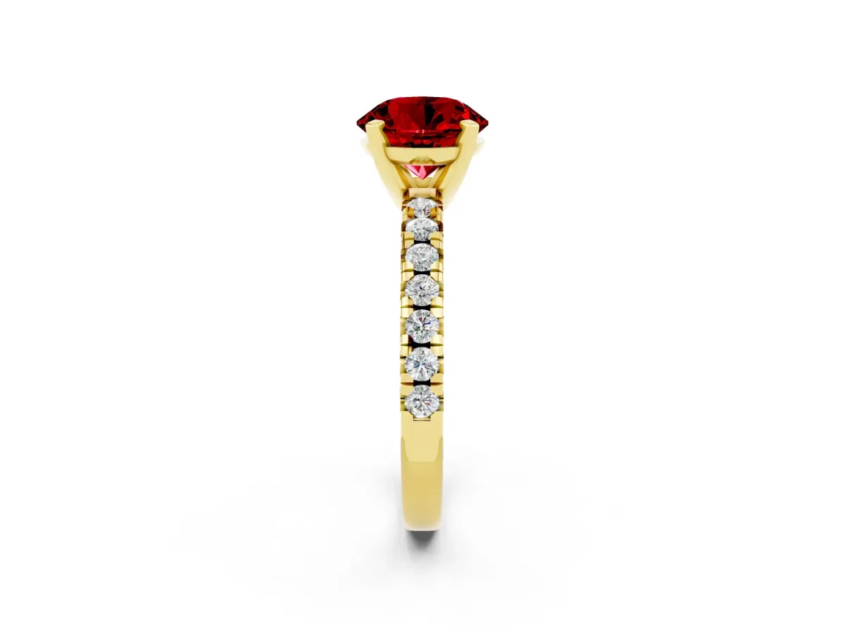Round Cut Ruby Solitaire Pavé Engagement Ring with Round Band and Prong Setting Yellow gold