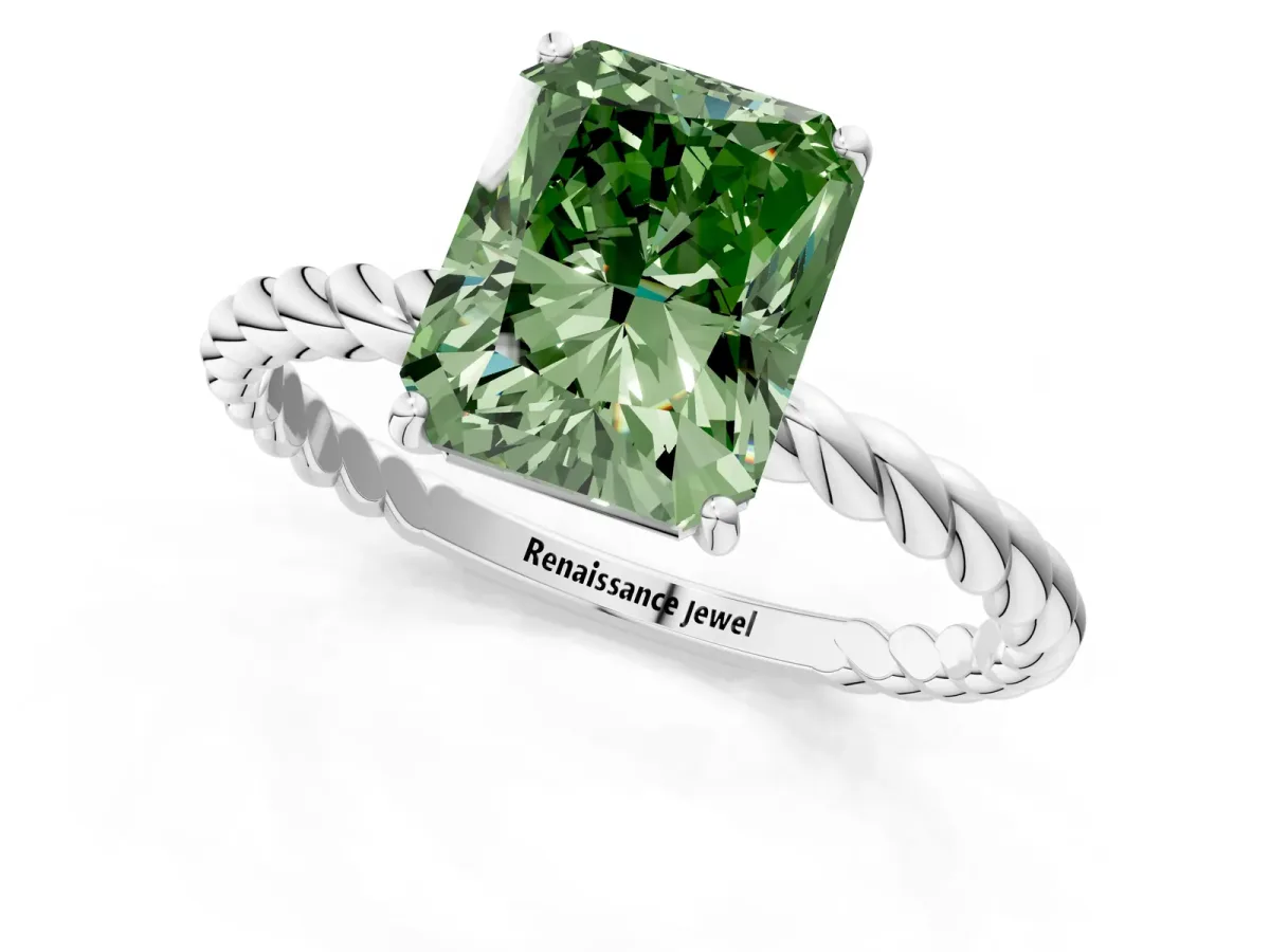 Fancy Green Radiant Cut Solitaire Twisted Band 4-Prong Ring Platinum
