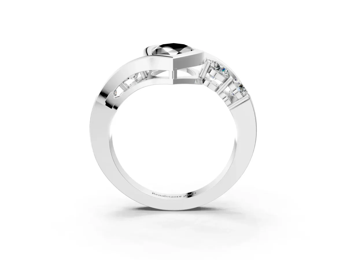 Fancy Black Bezel Set Marquise Cut Diamond Bypass Ring with Round Accents Silver