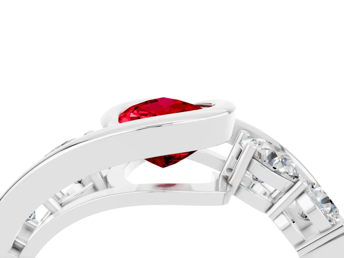 Bezel Set Pear Cut Ruby Bypass Ring with Round Accents Silver