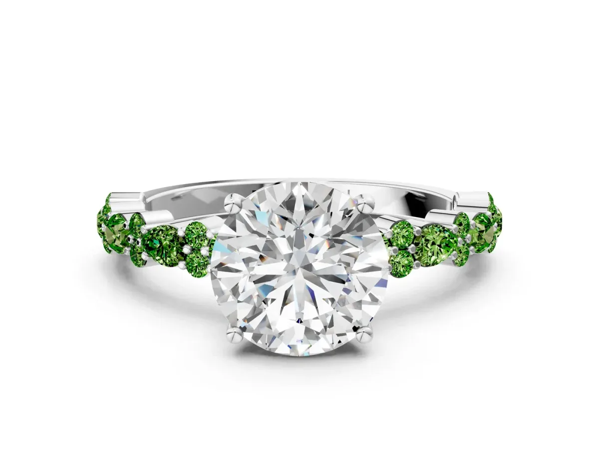 Round Cut Diamond Side Stone Solitaire Ring with Round Peridot and Four-Prong Setting Silver