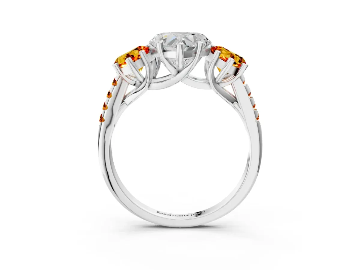 Three-Stone Heart Cut Diamond Ring with Round Citrine Pavé Band and Prong Setting Silver