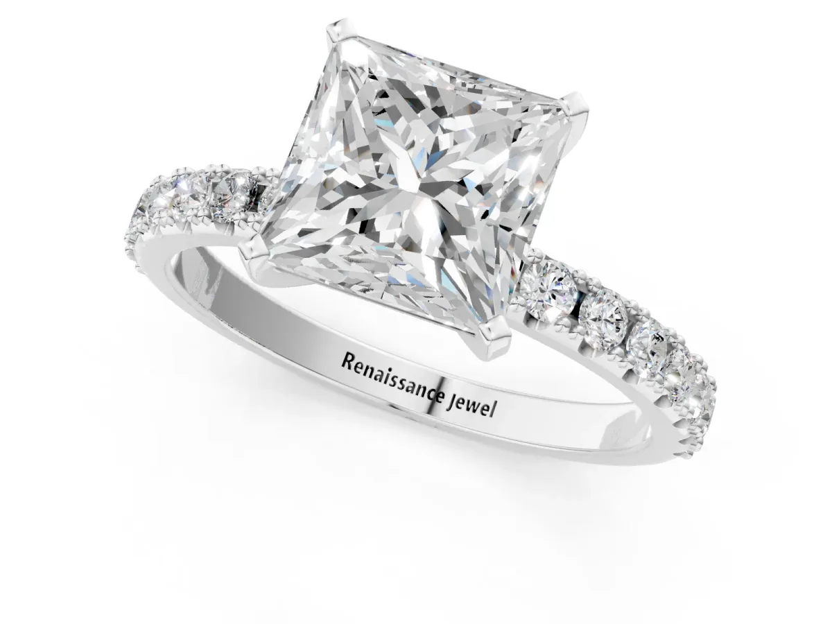 Princess Cut Diamond Solitaire Pavé Band with Four-Prong Setting Silver