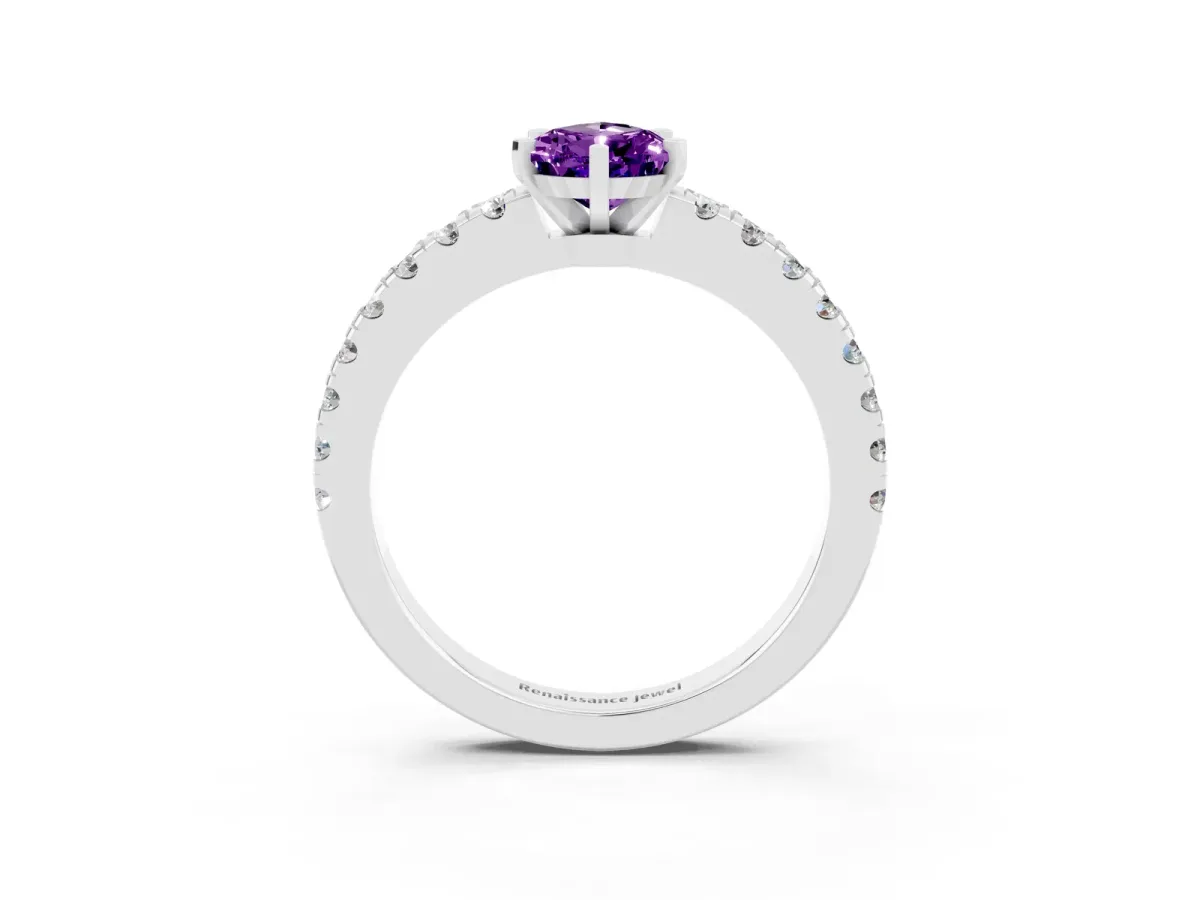 Pear Cut Solitaire Amethyst with Pavé Band and Four-Prong Setting Platinum