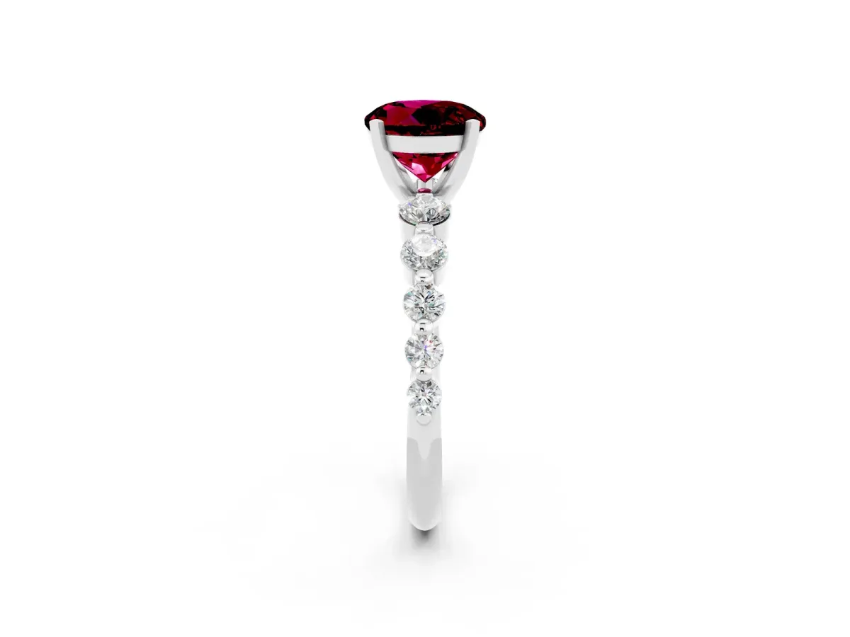 Round Cut Solitaire Garnet Ring with Pave Band and Four-Prong Setting Silver