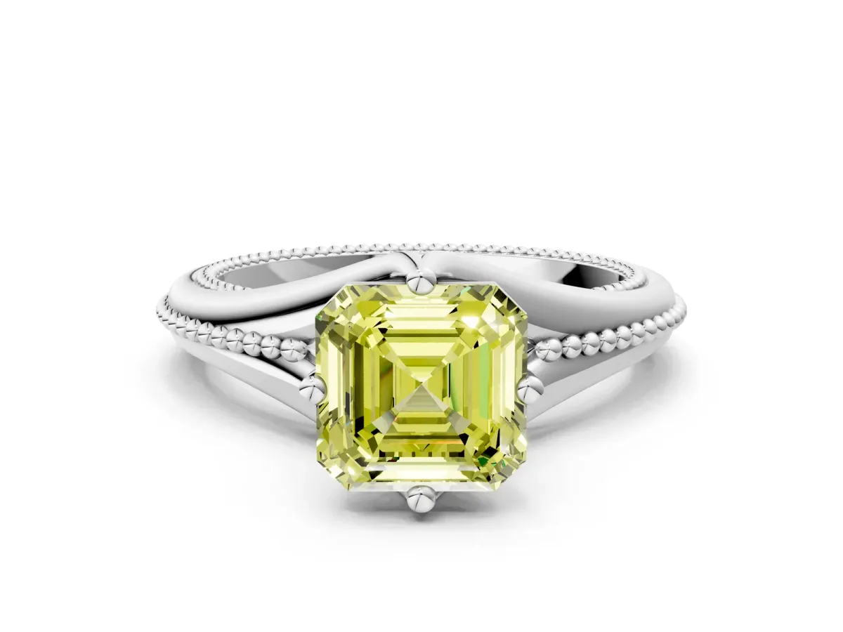 Fancy Yellow Asscher Cut Solitaire Beaded Band Six-Prong Setting Platinum