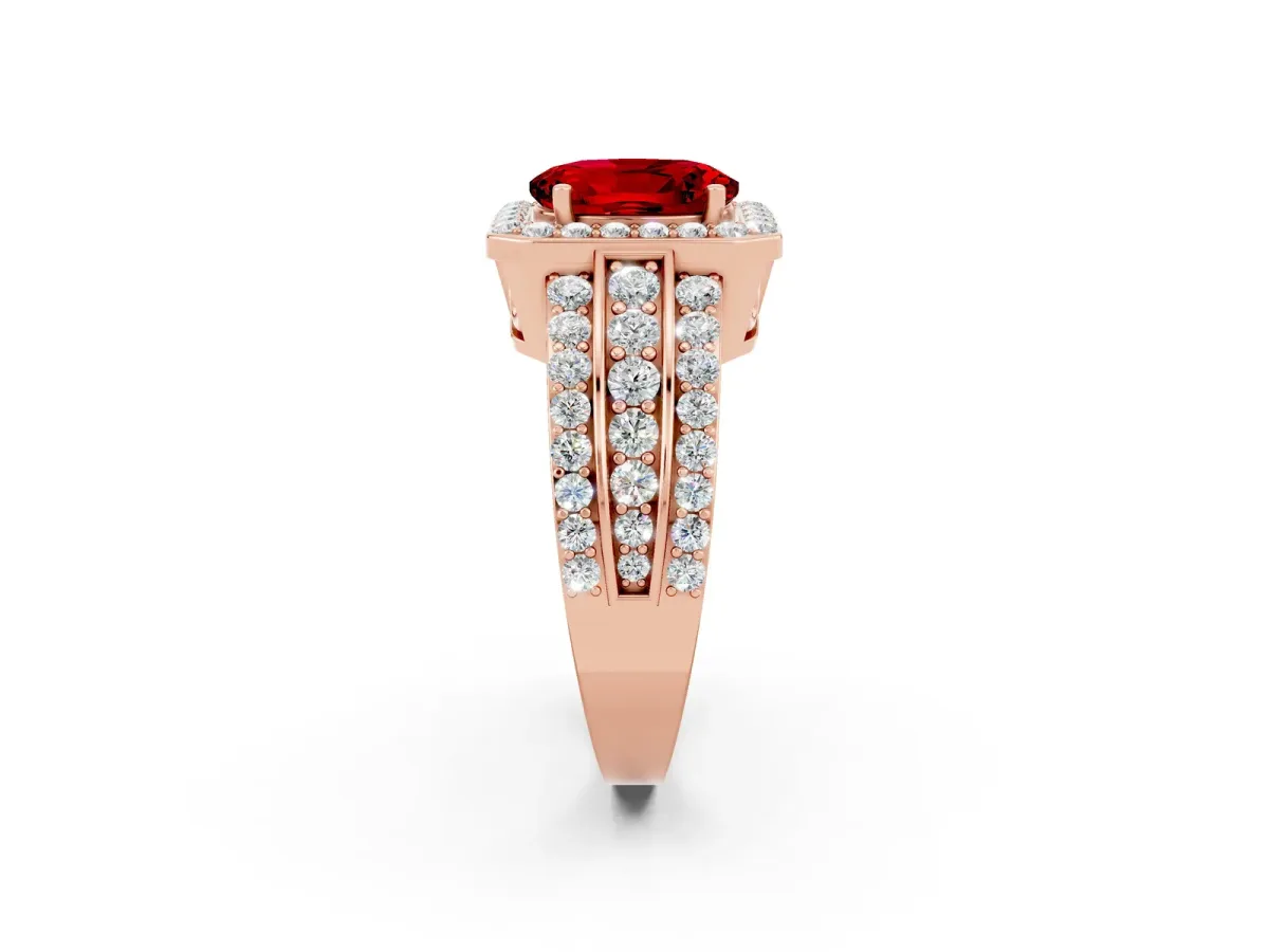 Oval Cut Halo Ruby Ring with Round Split Shank and Prong Setting Rose gold