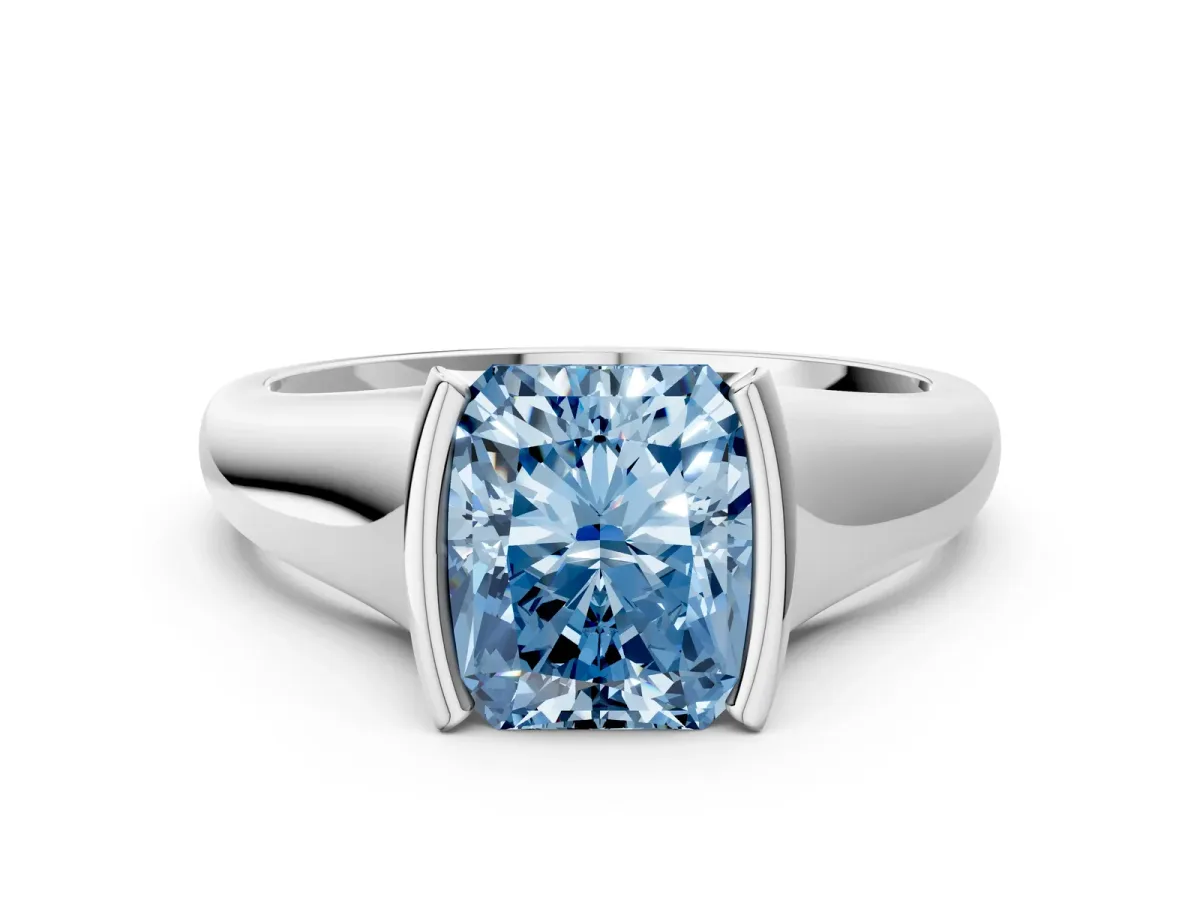 Fancy Blue Radiant Cut Solitaire Tension Set Diamond Ring with Split Shank Band Platinum