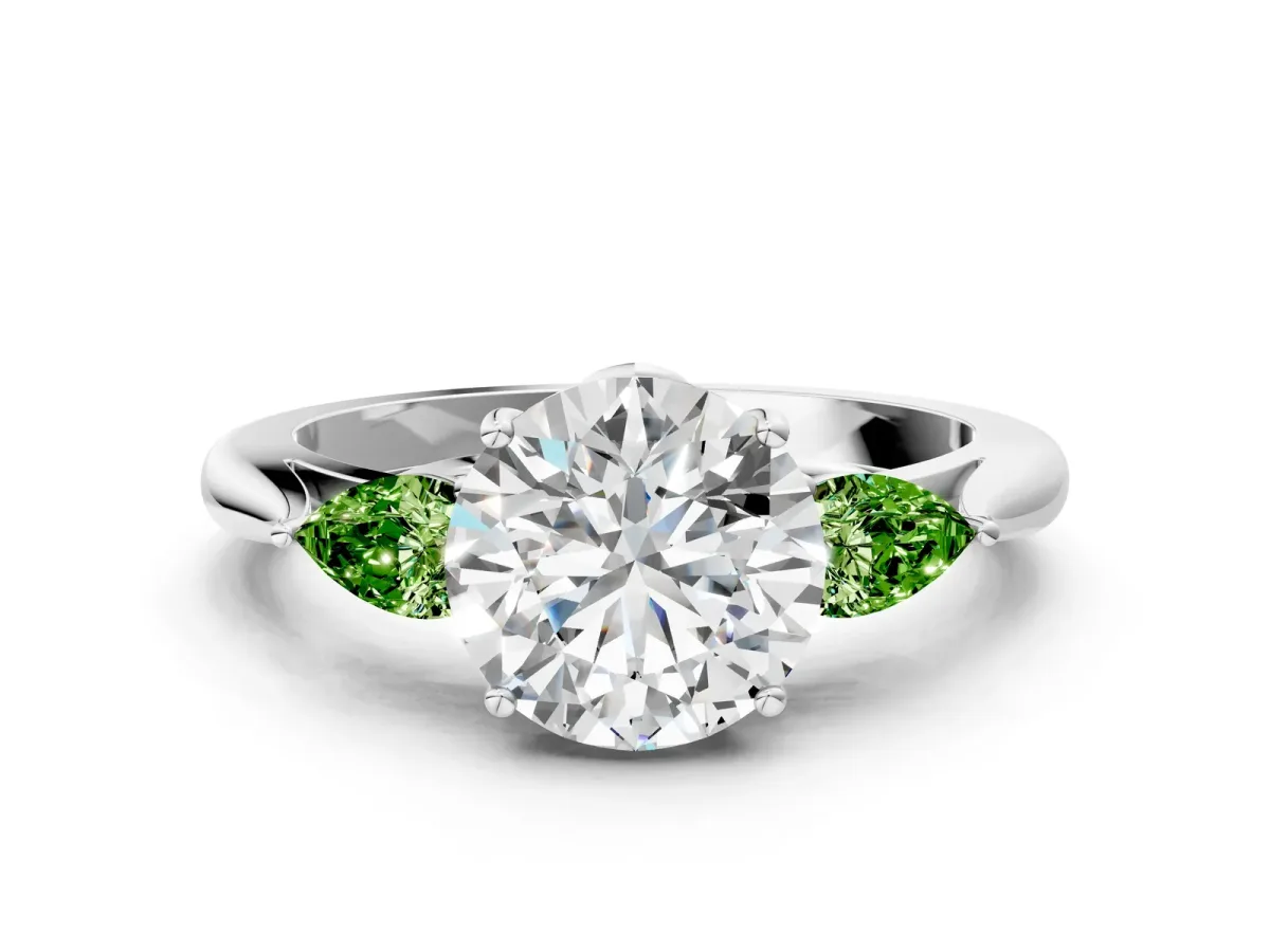Round Cut Diamond Three-Stone Ring with Pear Peridot Side Stones and Prong Setting Silver