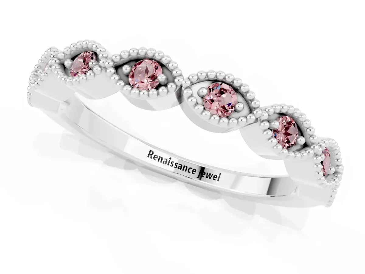 Milgrain Marquise Morganite Half Eternity Band with Bezel Setting Silver