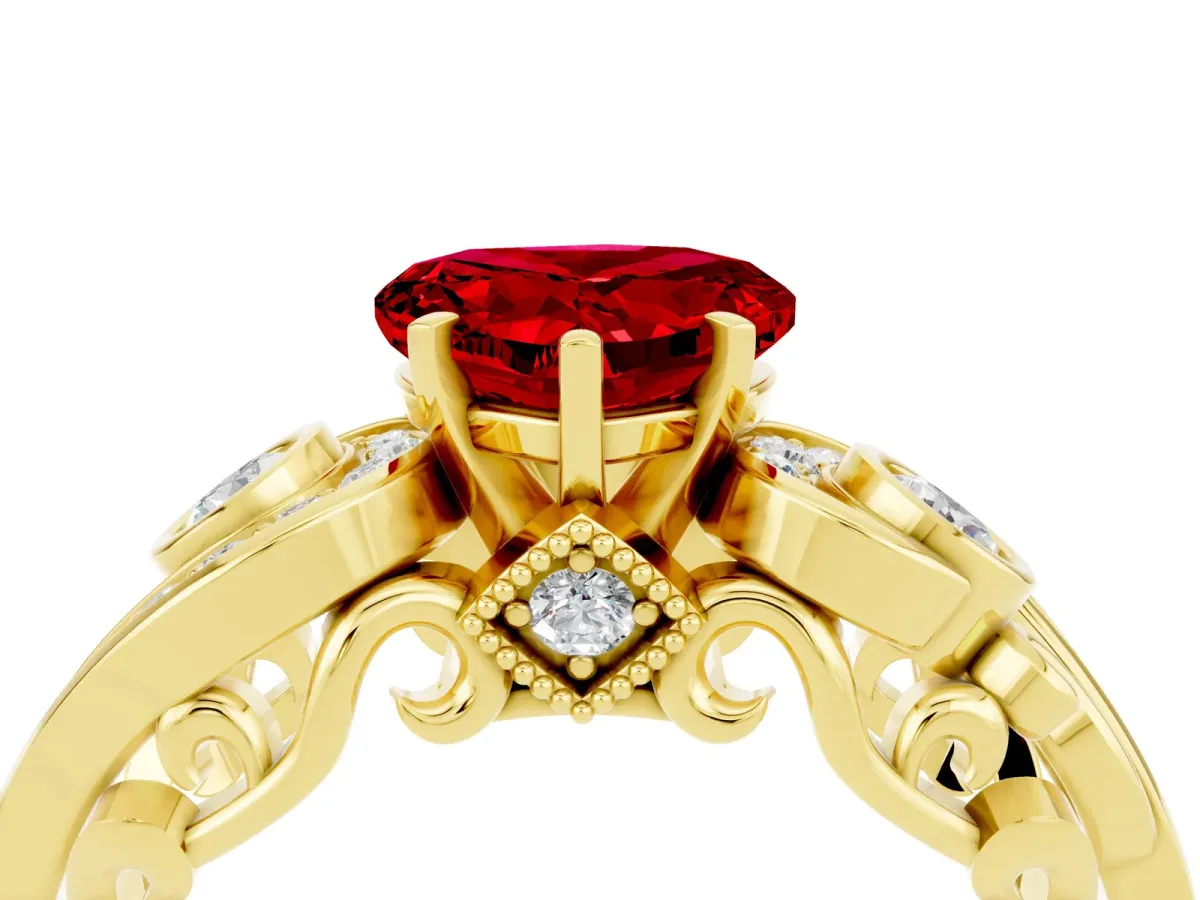 Heart Cut Ruby Solitaire Ring with Milgrain Pavé Band and Four-Prong Setting Yellow gold