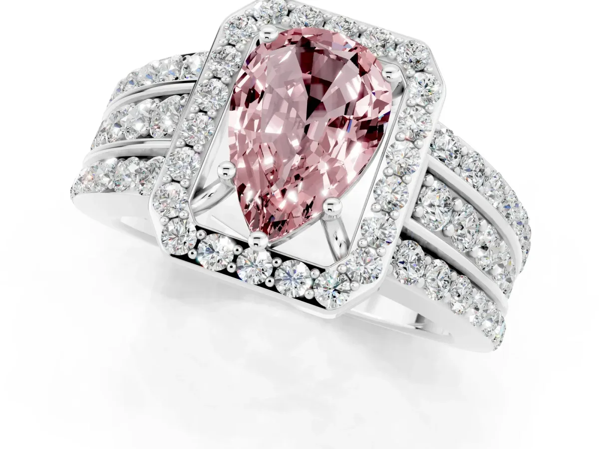 Pear Cut Halo Morganite Ring with Round Split Shank and Prong Setting White gold