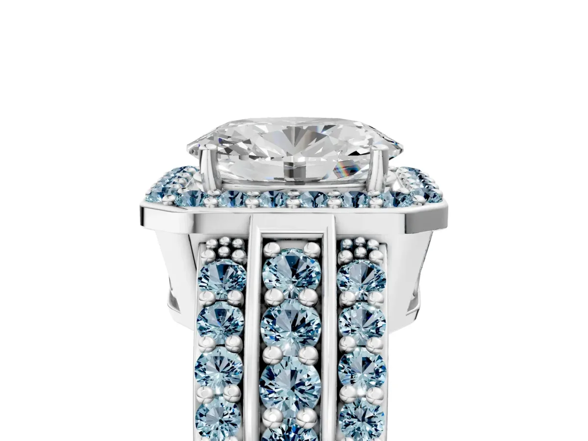 Oval Cut Halo Diamond Ring with Round Aquamarine Split Shank and Prong Setting Silver