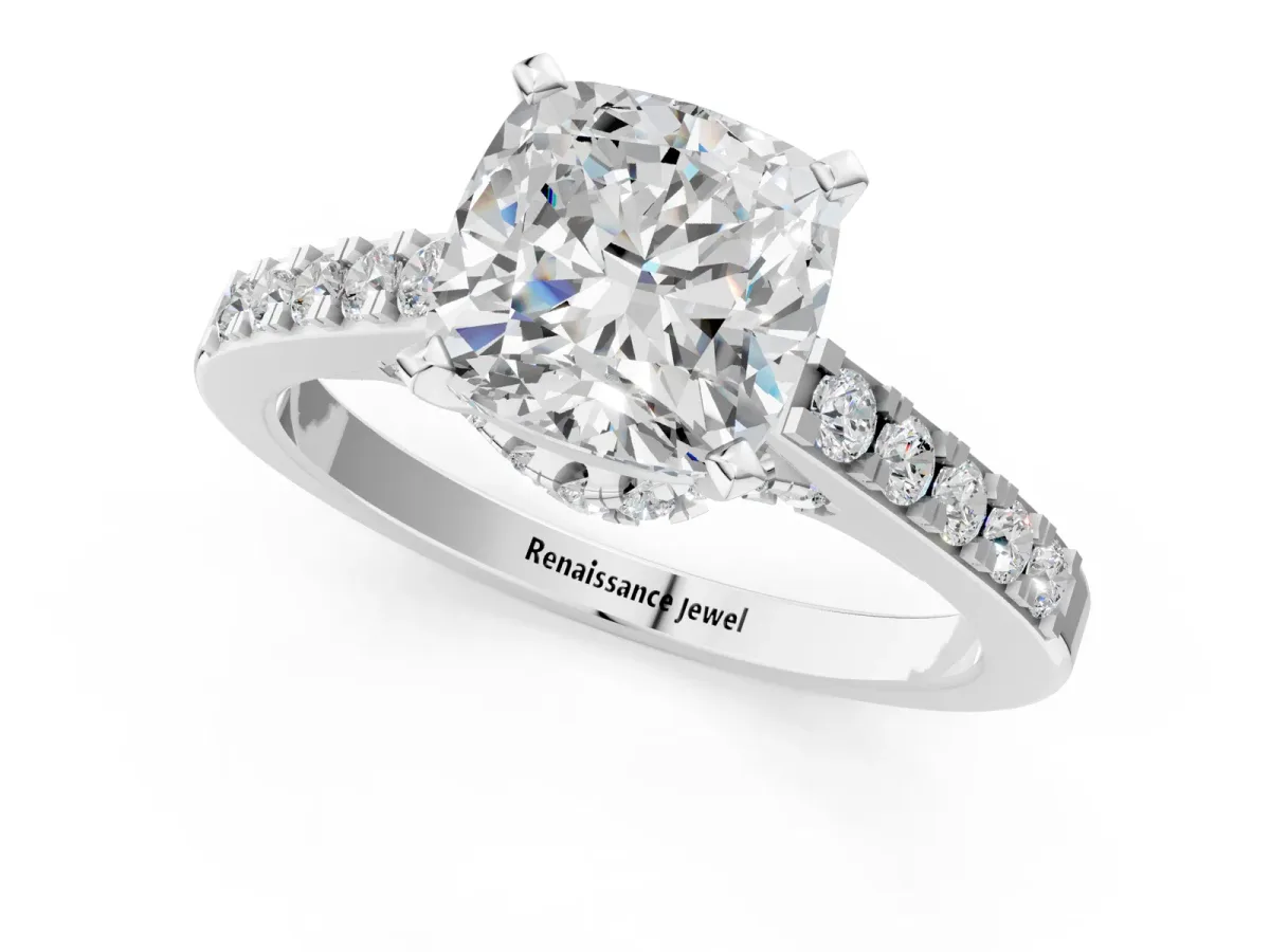 Cushion Cut Diamond Solitaire Ring with Crossover Gallery and Round Pavé Band Silver
